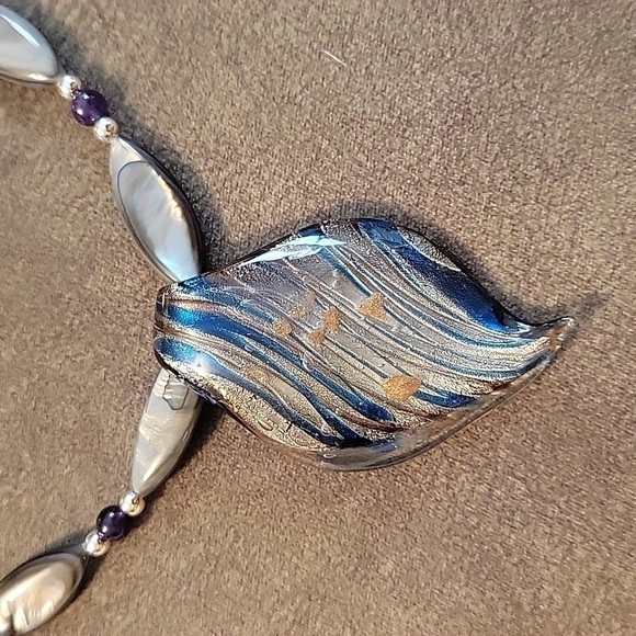 HANDMADE Gray Shell Amethyst Metal Beaded Handblown Glass Pendant Necklace - Picture 2 of 7